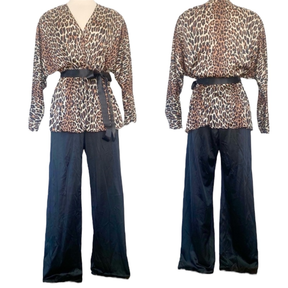 Vintage Vanity Fair Silky Satin Leopard 2 PC Set 70s Lounging Pajama Pants M